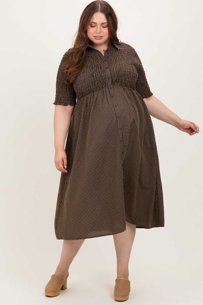 Brown Gingham Smocked Button Down Maternity Plus Midi Dress