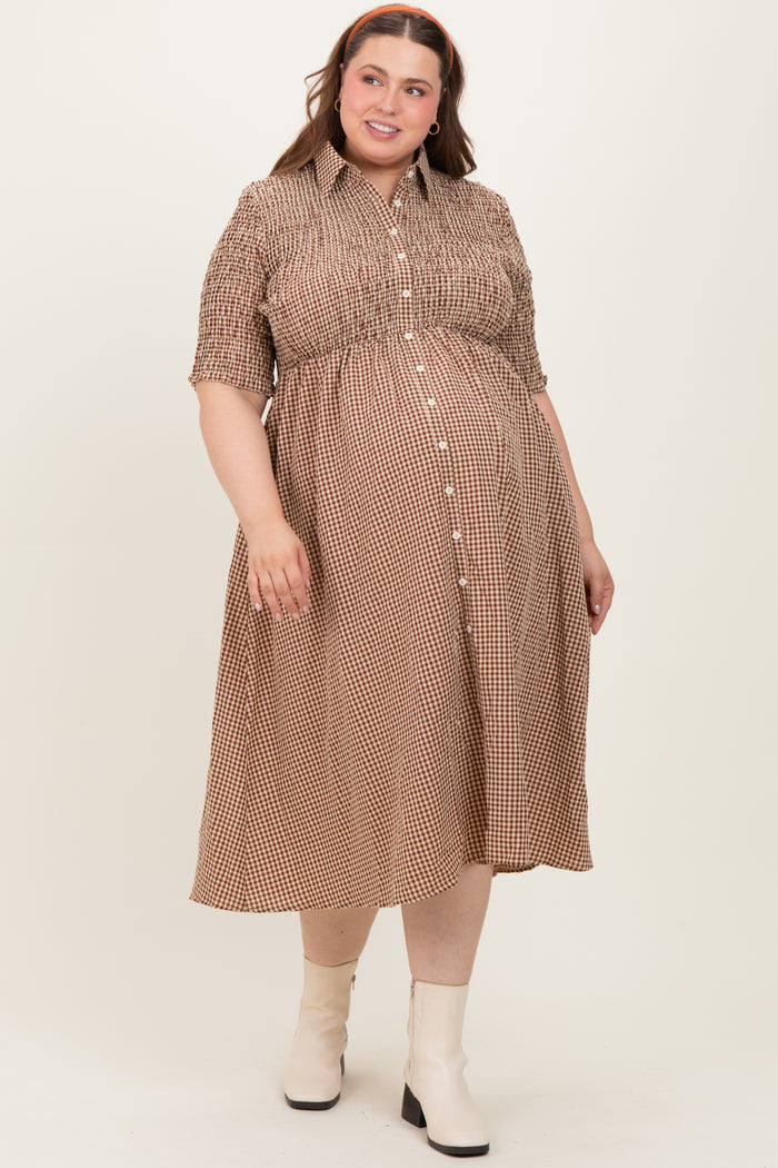 Mocha Gingham Smocked Button Down Maternity Plus Midi Dress