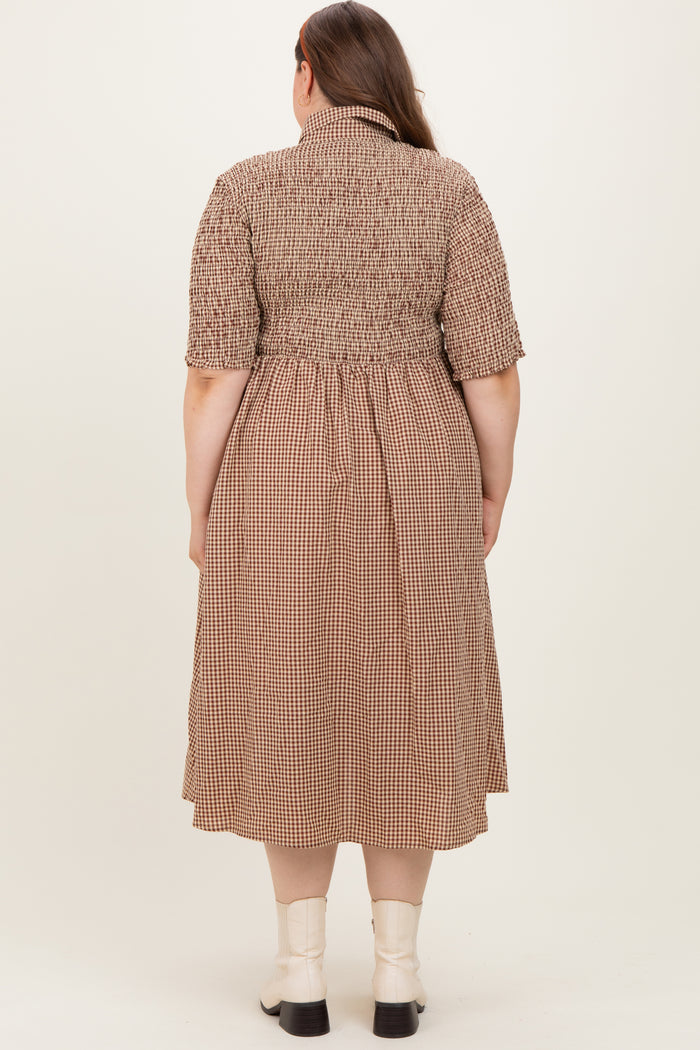 Mocha Gingham Smocked Button Down Maternity Plus Midi Dress