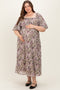 Taupe Floral Square Neck Short Puff Sleeve Maternity Plus Midi Dress