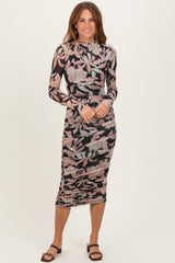 Black Floral Mesh Ruched Long Sleeve Midi Dress