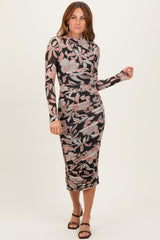 Black Floral Mesh Ruched Long Sleeve Midi Dress