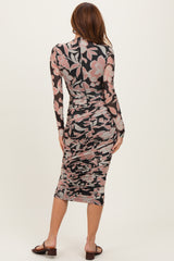 Black Floral Mesh Ruched Long Sleeve Midi Dress