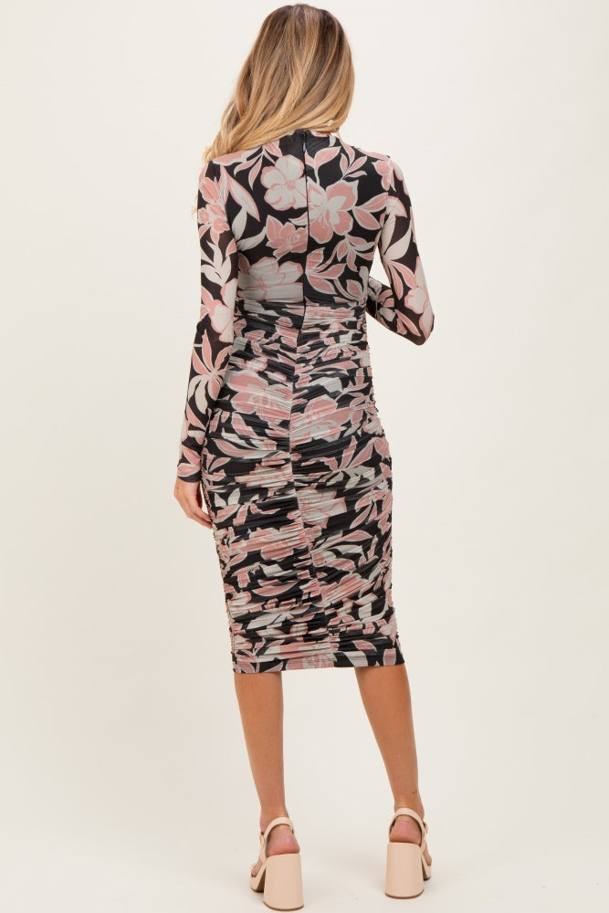 Black Floral Mesh Ruched Long Sleeve Maternity Midi Dress