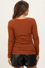 Rust Solid Ribbed Ruched Long Sleeve Maternity Top