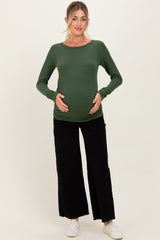 Olive Solid Ribbed Ruched Long Sleeve Maternity Top