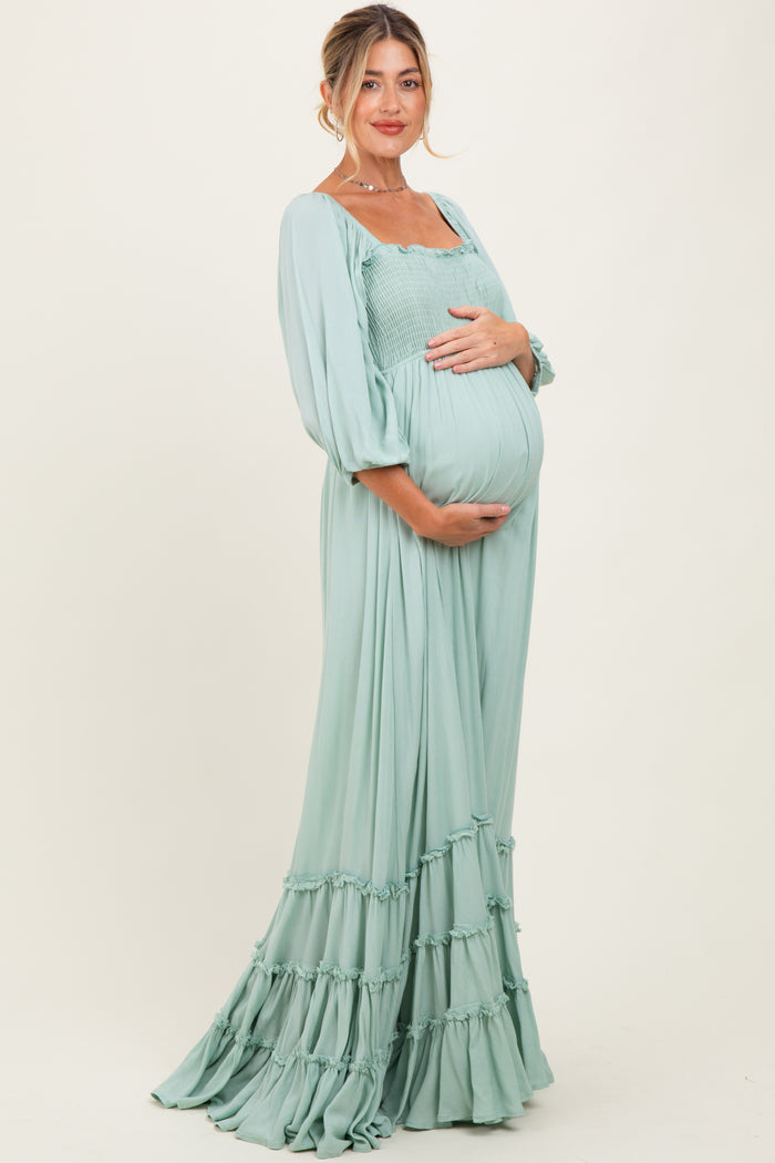 Sage Solid 3/4 Sleeve Smocked Top Tiered Maternity Maxi Dress
