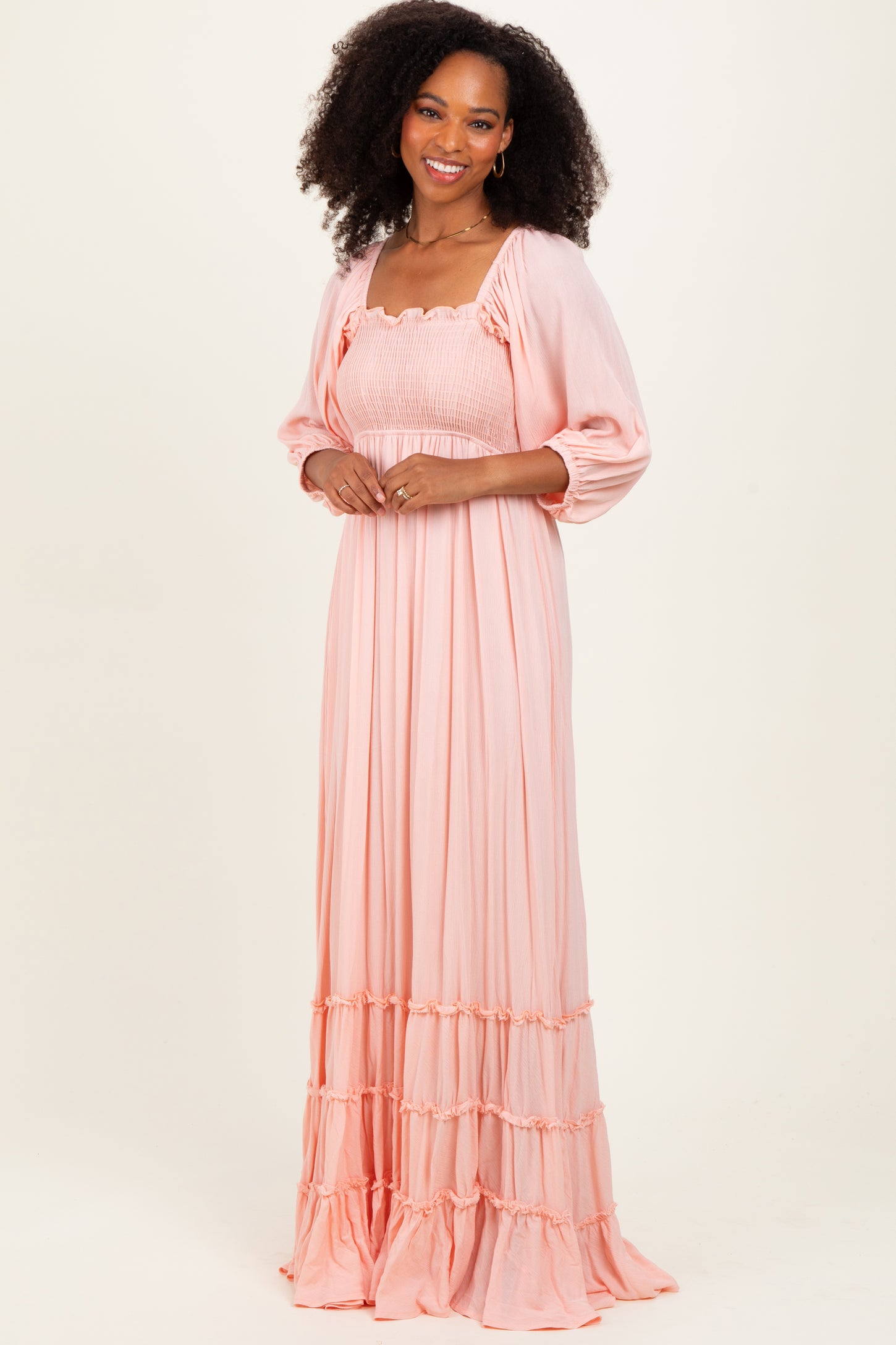 Light Pink Solid 3/4 Sleeve Smocked Top Tiered Maxi Dress