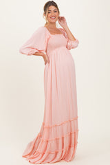 Light Pink Solid 3/4 Sleeve Smocked Top Tiered Maternity Maxi Dress