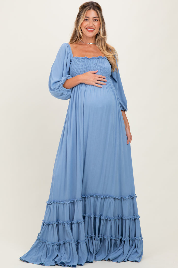 Blue Solid 3/4 Sleeve Smocked Top Tiered Maternity Maxi Dress