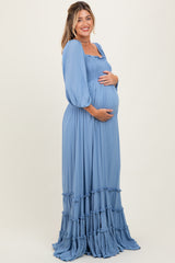Blue Solid 3/4 Sleeve Smocked Top Tiered Maternity Maxi Dress