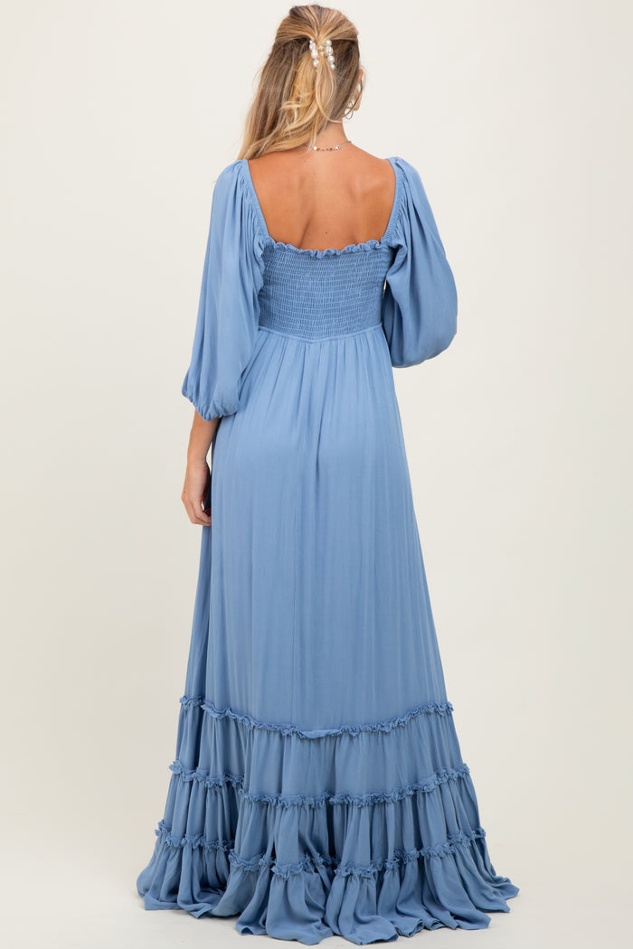 Blue Solid 3/4 Sleeve Smocked Top Tiered Maternity Maxi Dress