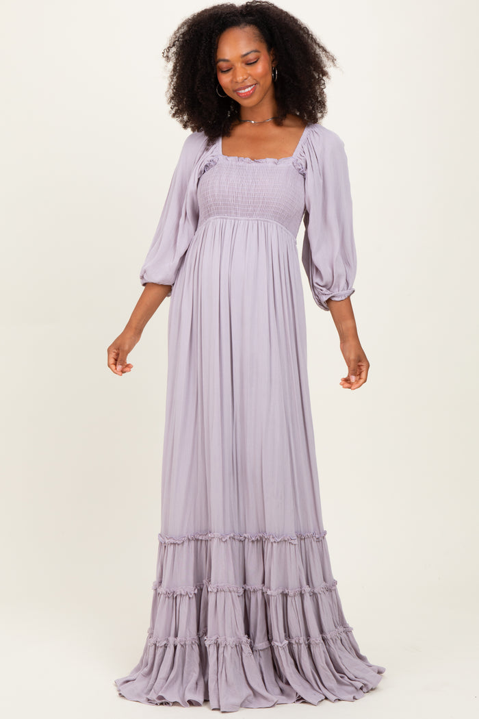 Lavender Solid 3/4 Sleeve Smocked Top Tiered Maxi Dress