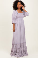 Lavender Solid 3/4 Sleeve Smocked Top Tiered Maternity Maxi Dress
