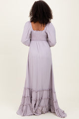 Lavender Solid 3/4 Sleeve Smocked Top Tiered Maxi Dress