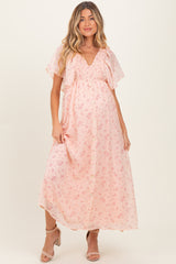 Light Pink Floral Chiffon Short Sleeve V-Neck Smocked Top Maternity Maxi Dress