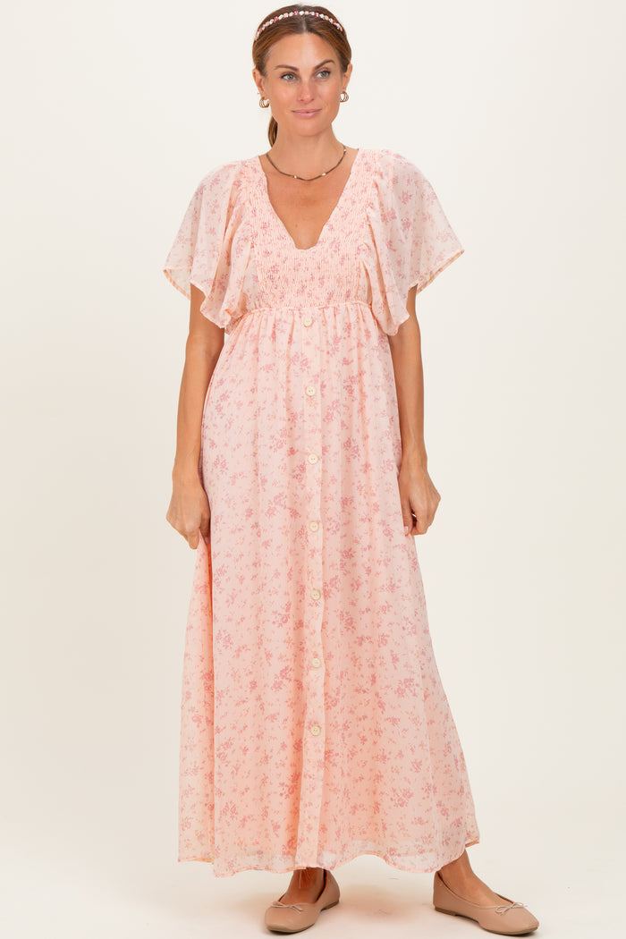 Light Pink Floral Chiffon Short Sleeve V-Neck Smocked Top Maternity Maxi Dress