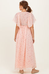 Light Pink Floral Chiffon Short Sleeve V-Neck Smocked Top Maxi Dress