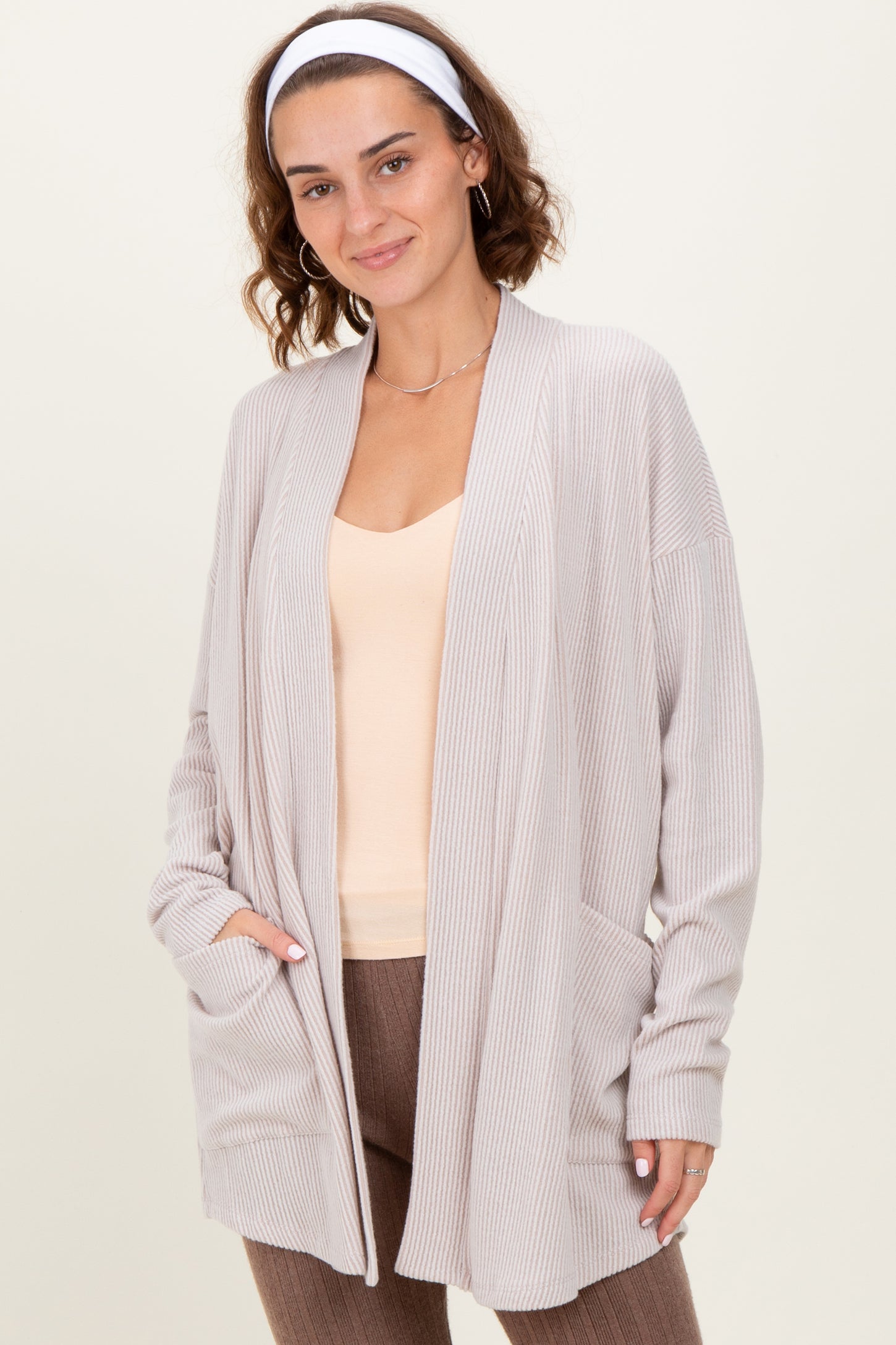 Beige Solid Ribbed Long Sleeve Open Front Pocket Cardigan