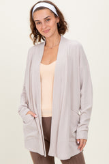 Beige Solid Ribbed Long Sleeve Open Front Pocket Cardigan