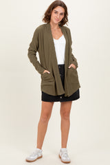 Olive Solid Ribbed Long Sleeve Open Front Pocket Cardigan