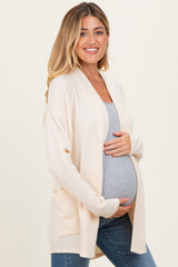 Cream Solid Ribbed Long Sleeve Open Front Pocket Maternity Cardigan