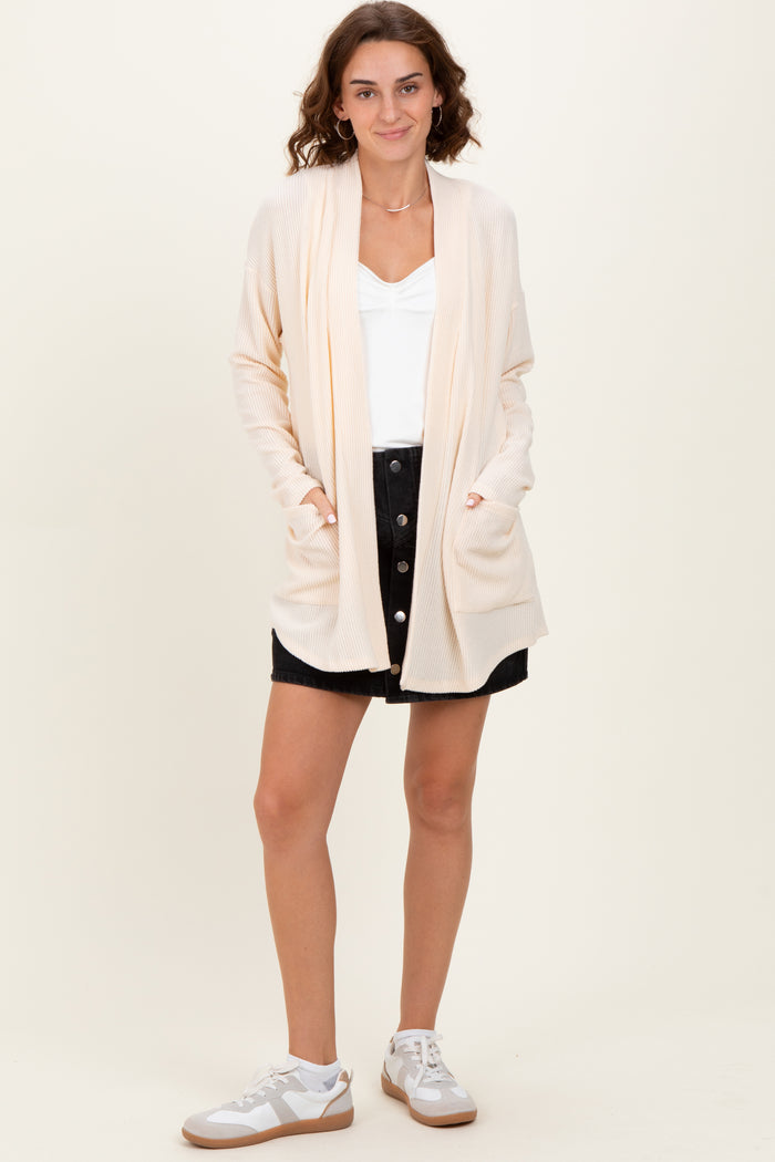 Cream Solid Ribbed Long Sleeve Open Front Pocket Maternity Cardigan