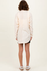 Cream Solid Ribbed Long Sleeve Open Front Pocket Cardigan