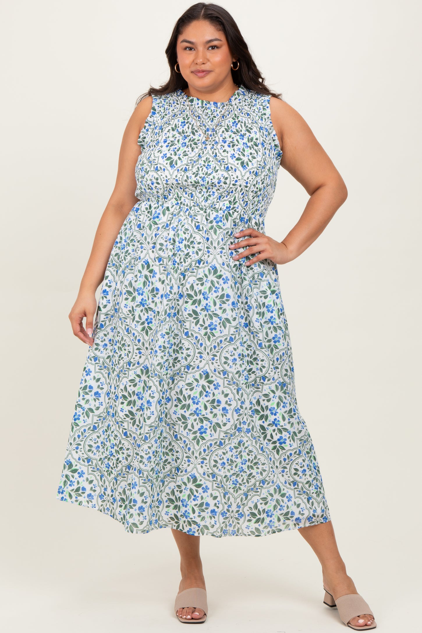 Blue Floral Smocked Sleeveless Maternity Plus Midi Dress