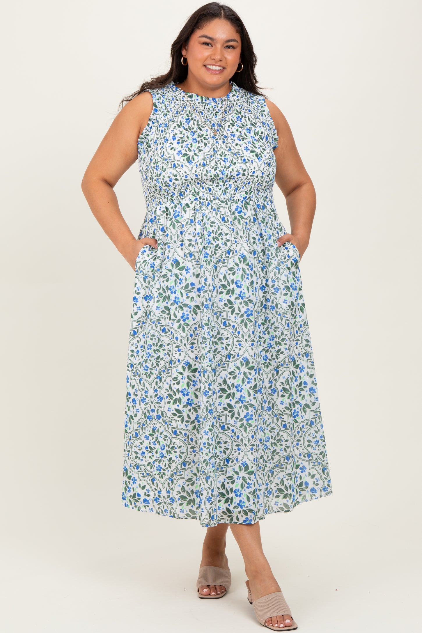 Blue Floral Smocked Sleeveless Plus Midi Dress