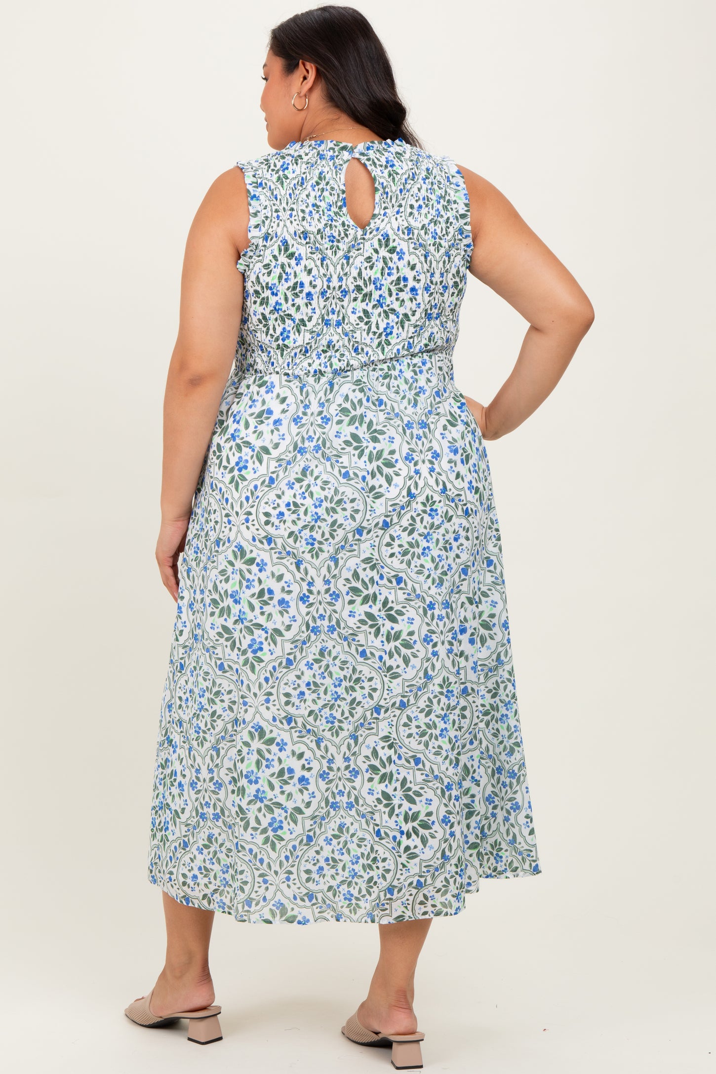 Blue Floral Smocked Sleeveless Plus Midi Dress