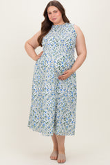 Blue Floral Smocked Sleeveless Maternity Plus Midi Dress
