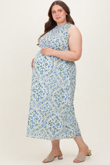 Blue Floral Smocked Sleeveless Maternity Plus Midi Dress