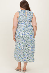 Blue Floral Smocked Sleeveless Maternity Plus Midi Dress