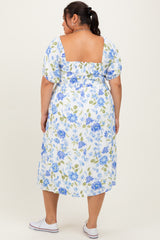Blue Floral Sweetheart Neckline Puff Sleeve Plus Midi Dress