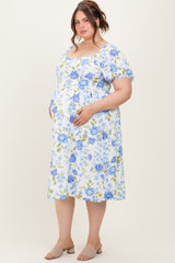 Blue Floral Sweetheart Neckline Puff Sleeve Maternity Plus Midi Dress