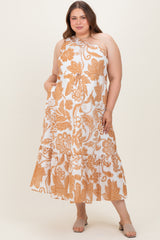 Camel Floral One Shoulder Maternity Plus Maxi Dress