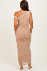 Beige Ruched Asymmetrical Off Shoulder Maternity Maxi Dress