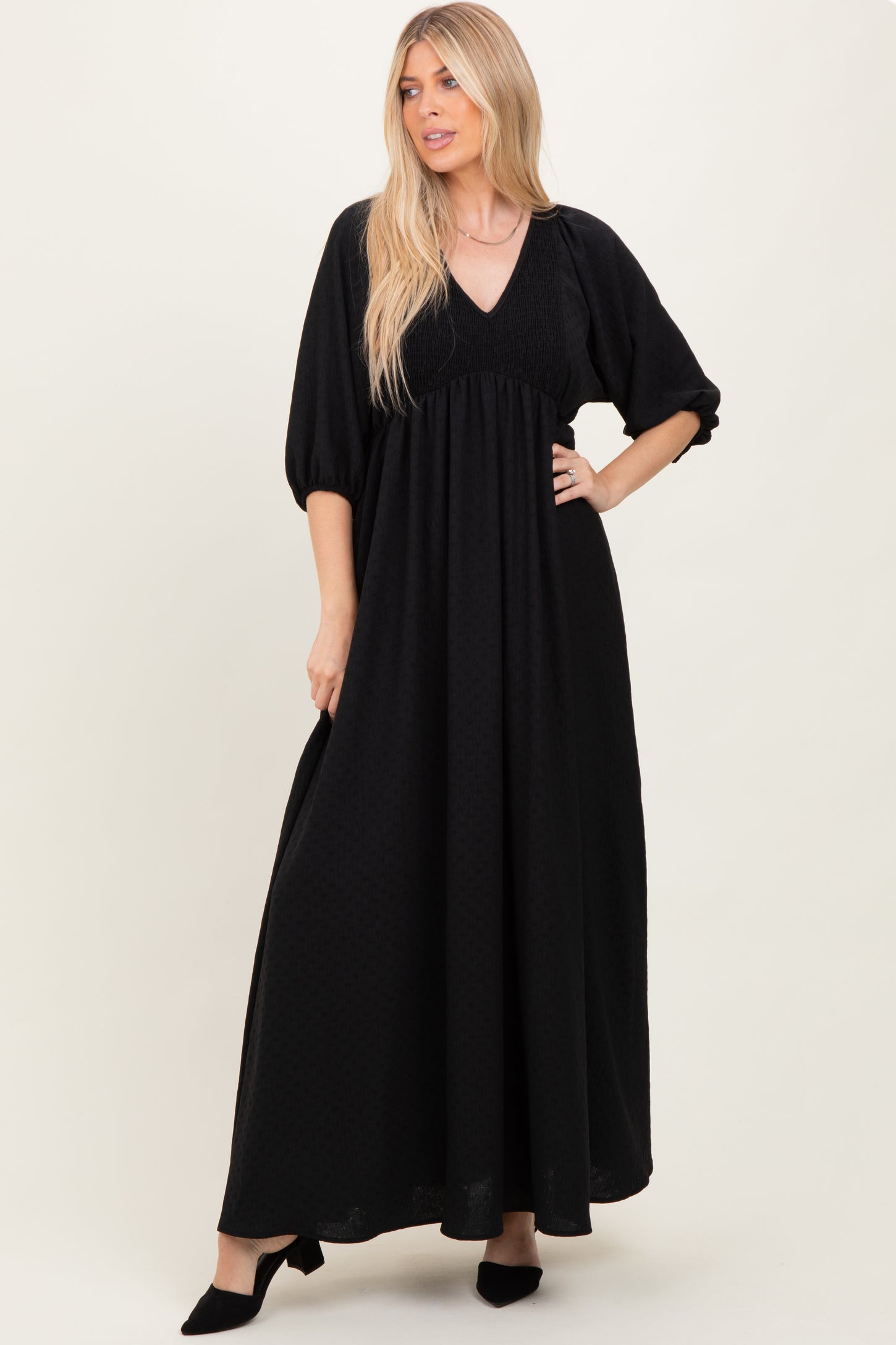 Black Solid 3/4 Sleeve Smocked Top V-Neck Maternity Maxi Dress