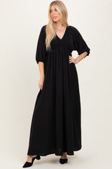 Black Solid 3/4 Sleeve Smocked Top V-Neck Maxi Dress