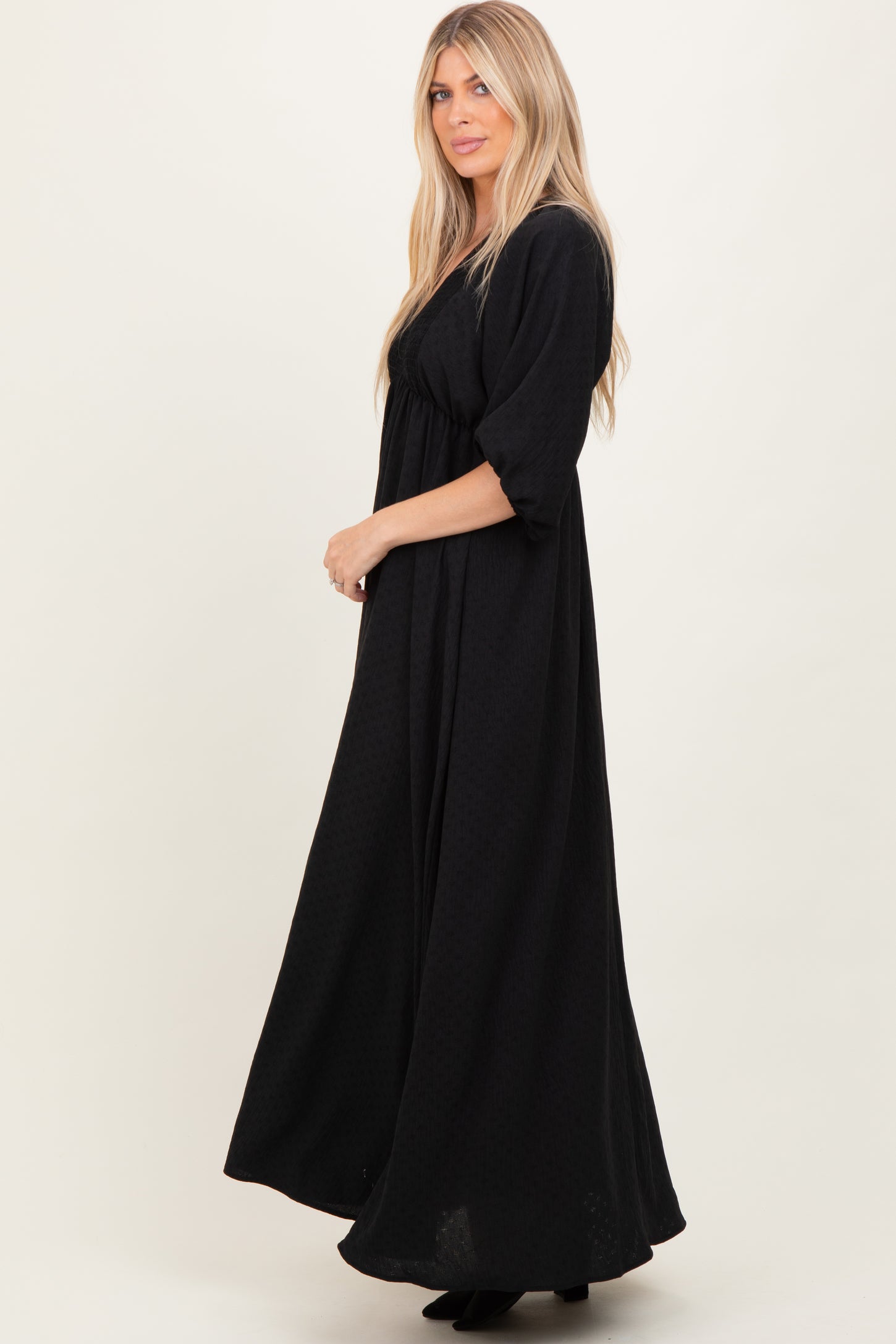 Black Solid 3/4 Sleeve Smocked Top V-Neck Maxi Dress