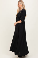 Black Solid 3/4 Sleeve Smocked Top V-Neck Maxi Dress