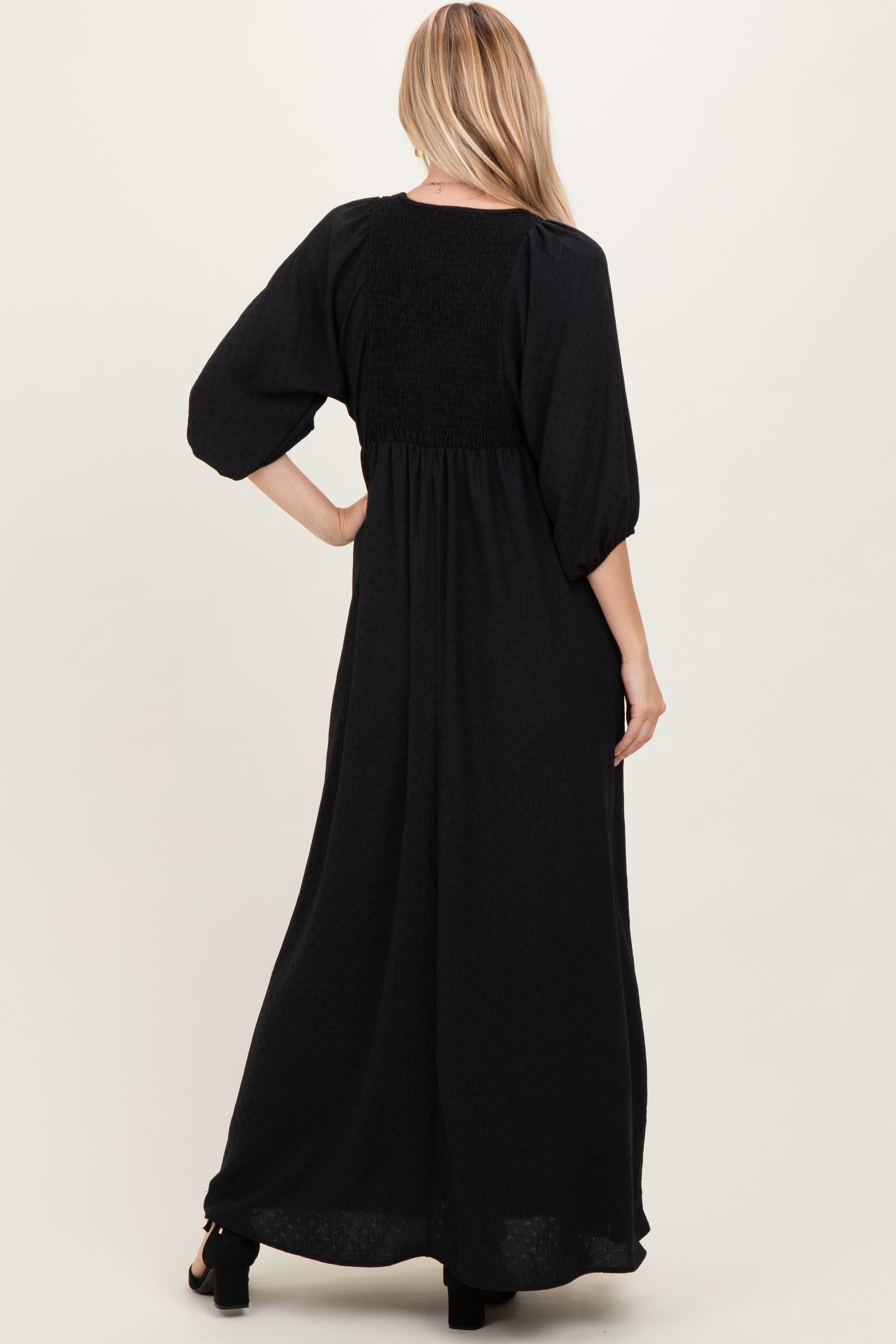 Black Solid 3/4 Sleeve Smocked Top V-Neck Maxi Dress