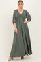Olive Solid 3/4 Sleeve Smocked Top V-Neck Maxi Dress