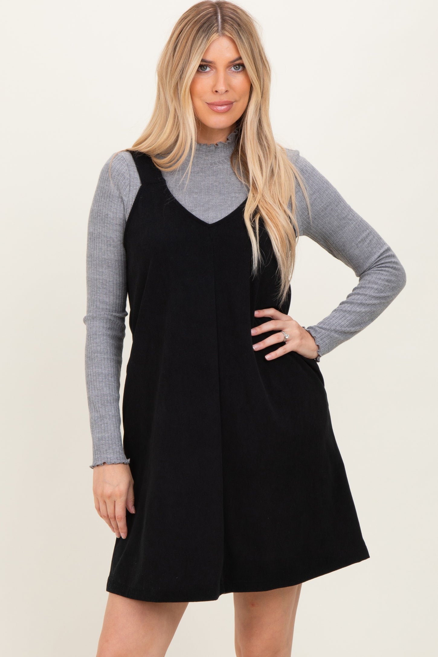 Black Solid Corduroy V-Neck A-Line Maternity Mini Dress