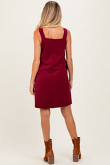 Burgundy Solid Corduroy V-Neck A-Line Maternity Mini Dress