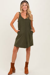 Olive Solid Corduroy V-Neck A-Line Maternity Mini Dress