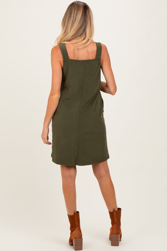 Olive Solid Corduroy V-Neck A-Line Maternity Mini Dress