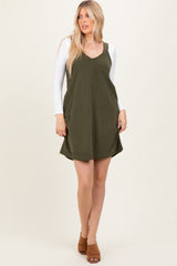 Olive Solid Corduroy V-Neck A-Line Mini Dress