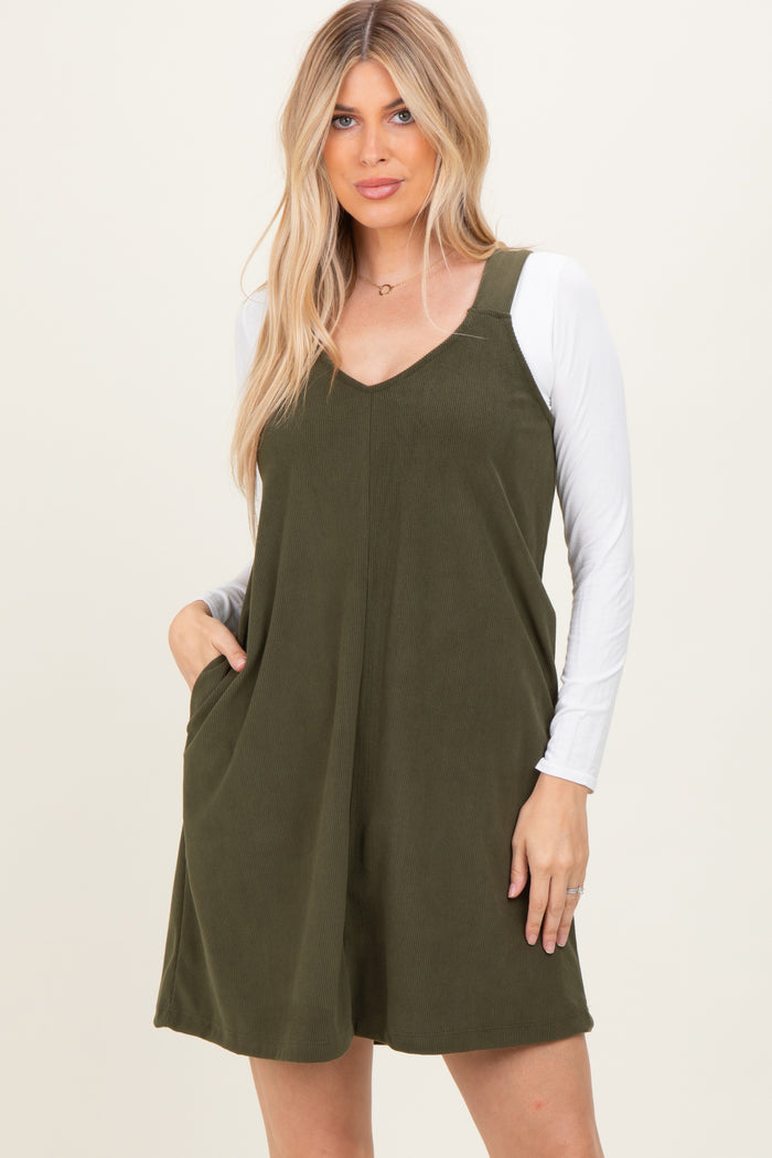 Olive Solid Corduroy V-Neck A-Line Maternity Mini Dress